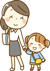 イラスト:女性とこどもが手をつないでいる