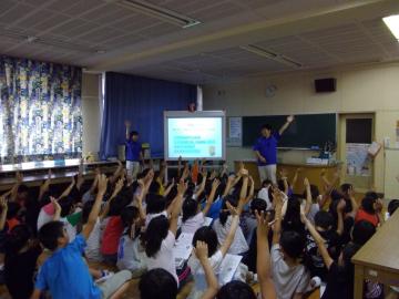 クイズを出題し、生徒たちが挙手をしている様子です。